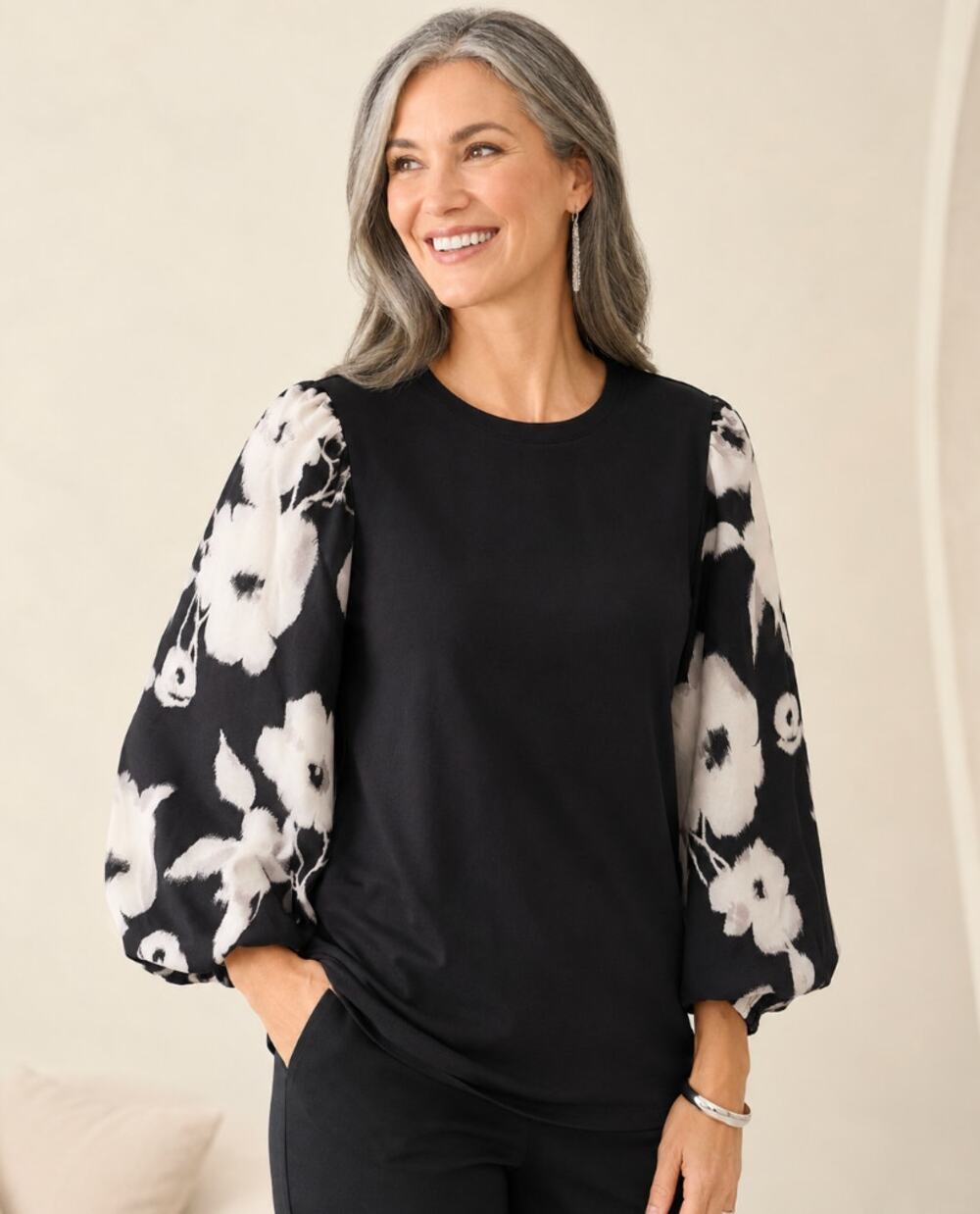 Chico's Black Top with White Floral Balloon Sleeves